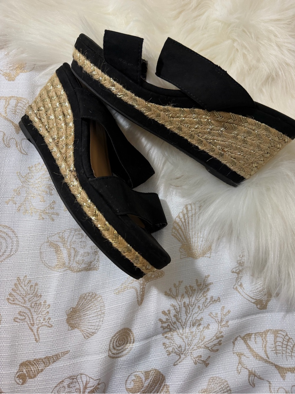 Black Espadrille Wedge Sandals with Jute Detailing